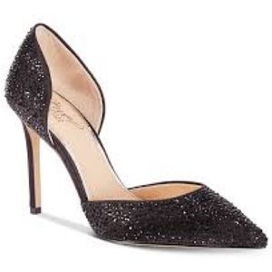 Jewel Badgley Mischka Grace Black‎ Satin Rhinestone D’orsay Heels Pumps 5.5